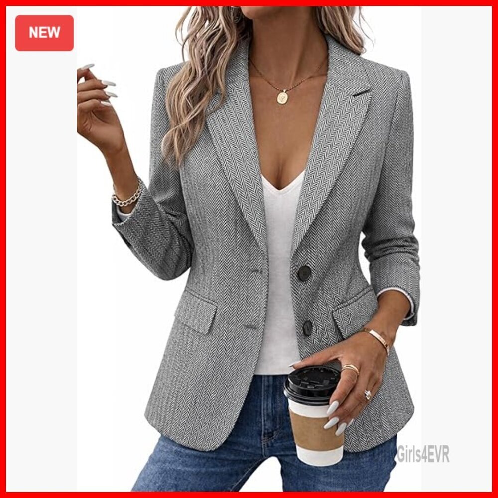 Wool Blend Herringbone Tweed Blazer Notched Lapel Lined Work Office Coat